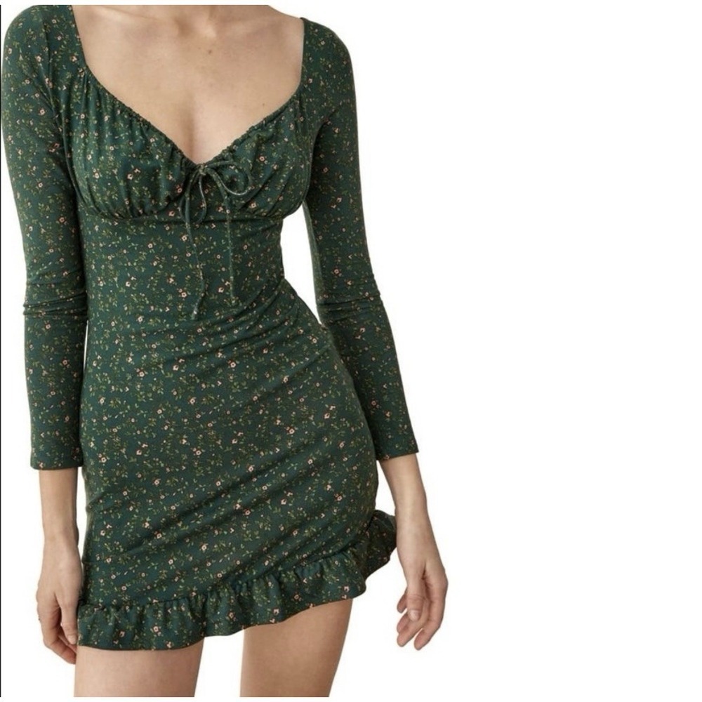 REFORMATION ANJELINE CORIANDER GREEN FLORAL‎ LONG SLEEVE MINI DRESS  XS